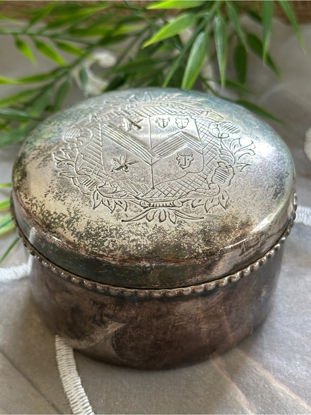 Antique SilverPlated Tobacco Box Engraved HeraldicCoat of Arms Trinket Container